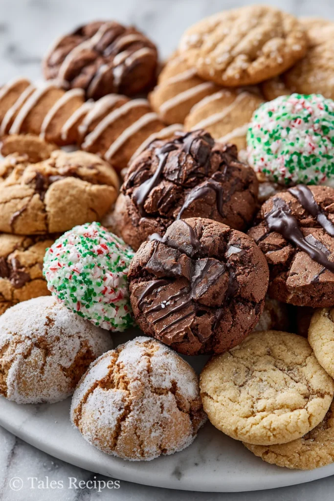 Platter of vegan chocolate peppermint cookies with assorted holiday cookies