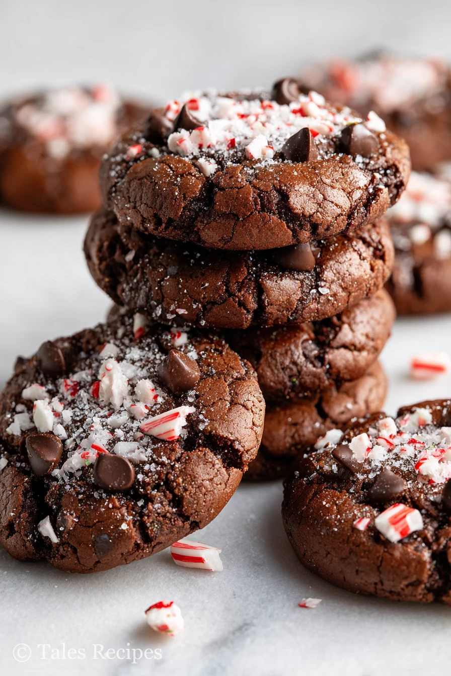Vegan chocolate peppermint cookies topped with candy canes on white marble background