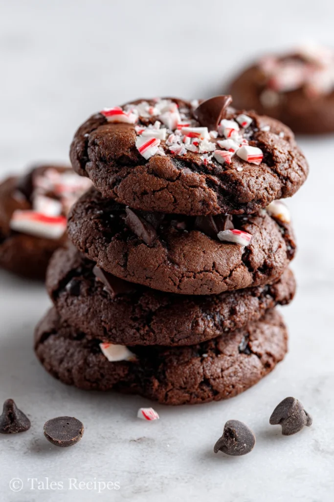 Aromatic vegan chocolate peppermint cookies with chocolate chips and candy cane bits