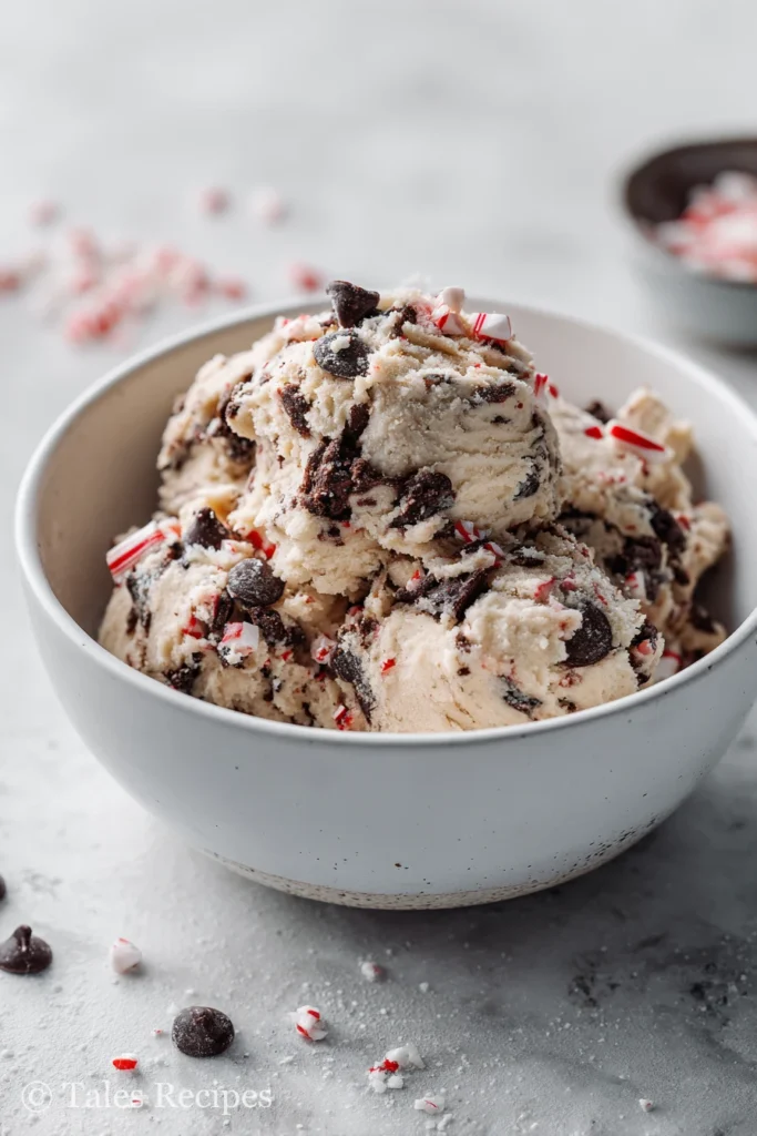 Bowl of vegan chocolate peppermint cookie dough with chocolate chips and candy canes