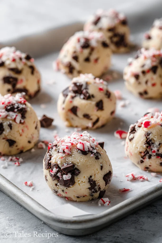 Unbaked vegan chocolate peppermint cookies on baking sheet with candy cane topping