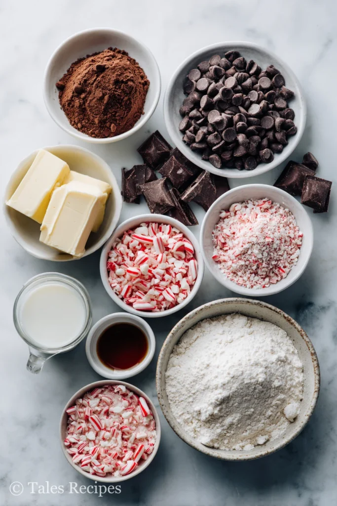 Vegan chocolate peppermint cookies ingredients including flour, cocoa, vegan butter, candies