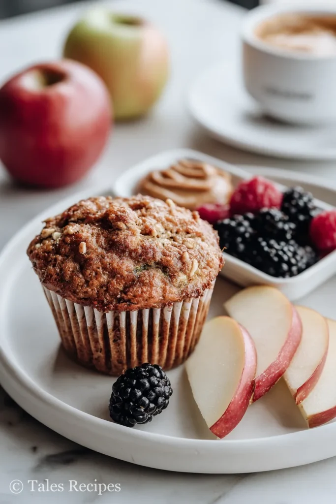 Vegan zucchini muffin with fruit and almond butter on plate for snack pairings