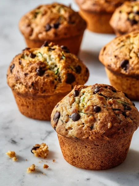 Fresh vegan zucchini muffins cooling on marble, perfect for dairy-free and egg-free baking