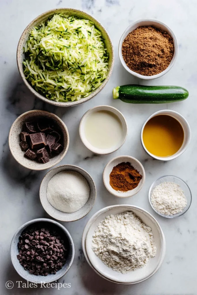 Ingredients for vegan zucchini muffins laid out on marble including zucchini and flaxseed