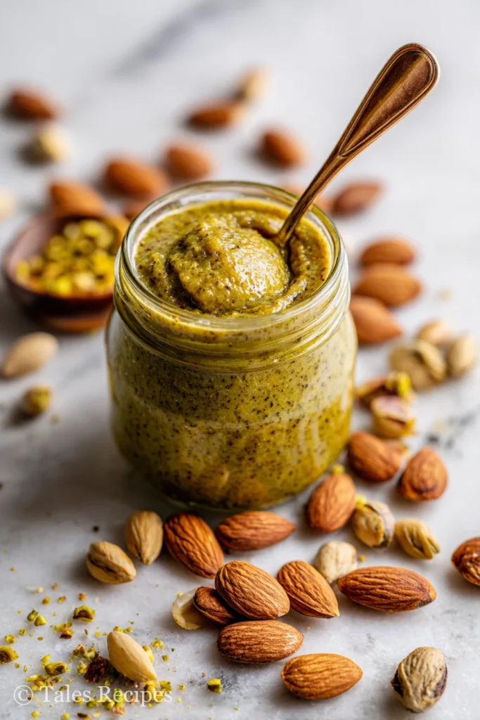 Close-up of almond pistachio butter with spoon in open jar, scattered nuts, green-gold hues.