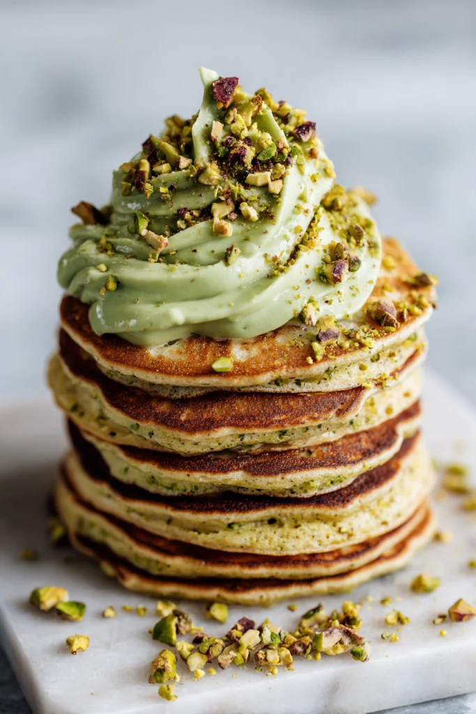 Pistachio cream drizzled on pancakes in a bright home kitchen