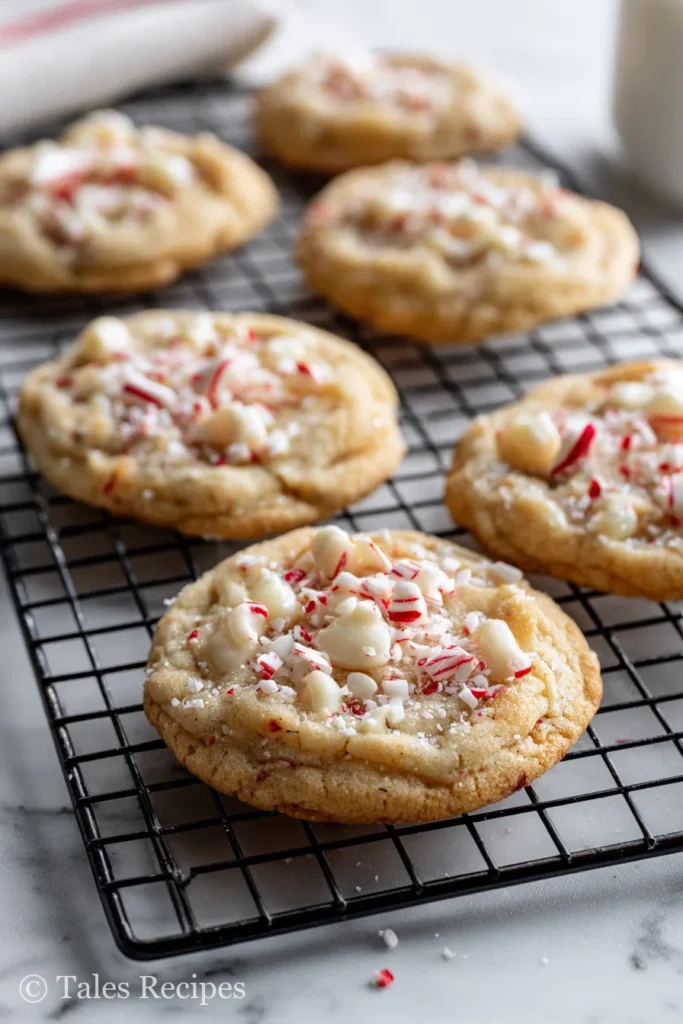 White chocolate peppermint cookies fresh from the oven cooling on a kitchen rack.