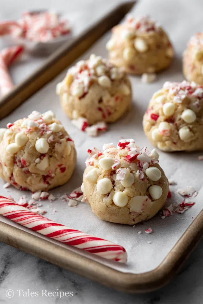 White chocolate peppermint cookies dough balls topped with crushed candy canes on baking tray.