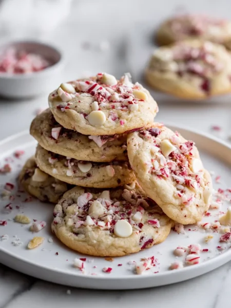 White chocolate peppermint cookies with crushed candy canes on white marble background.