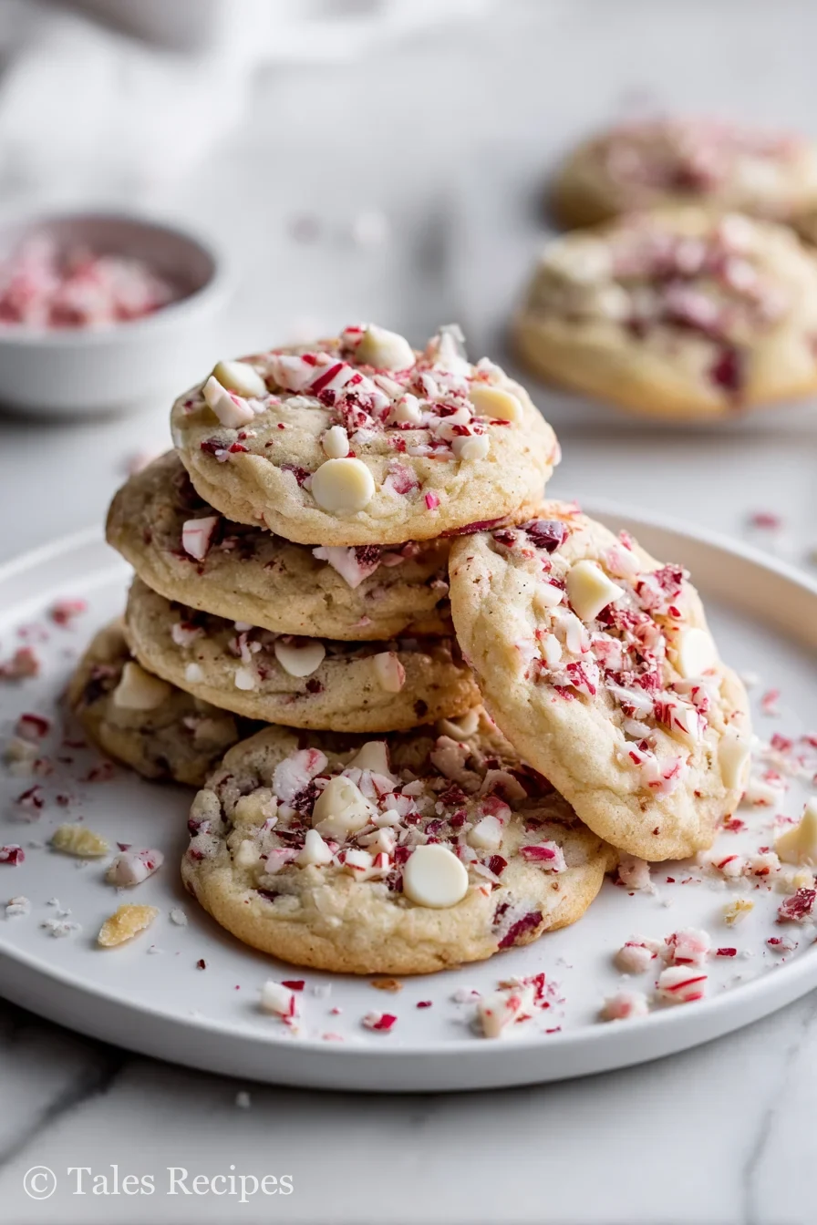 White chocolate peppermint cookies with crushed candy canes on white marble background.