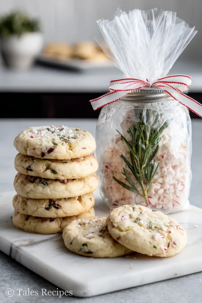 White chocolate peppermint cookies packaged in jars and bags for holiday gifting.