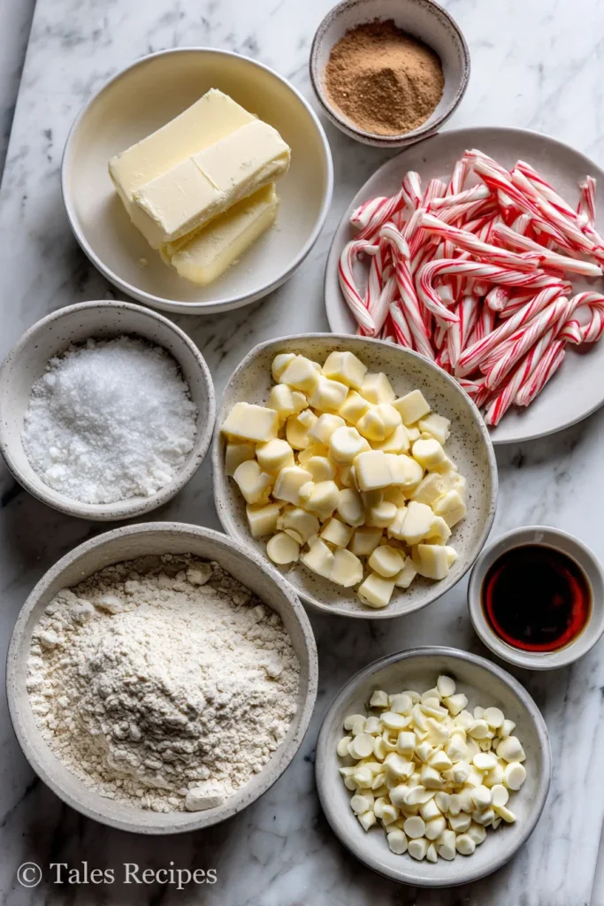 White chocolate peppermint cookies ingredients arranged on a marble kitchen surface.