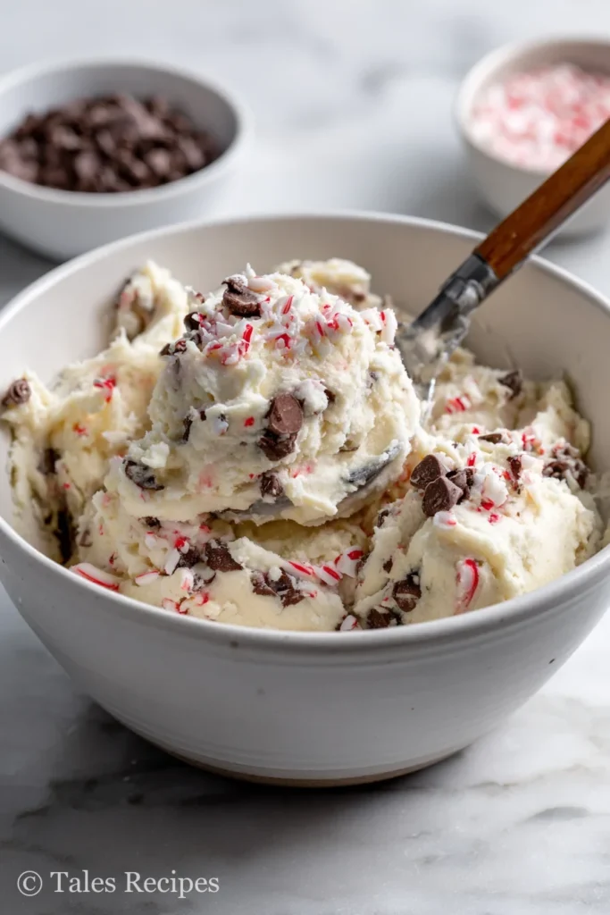 Mixing bowl filled with white chocolate peppermint cookies dough on marble background.