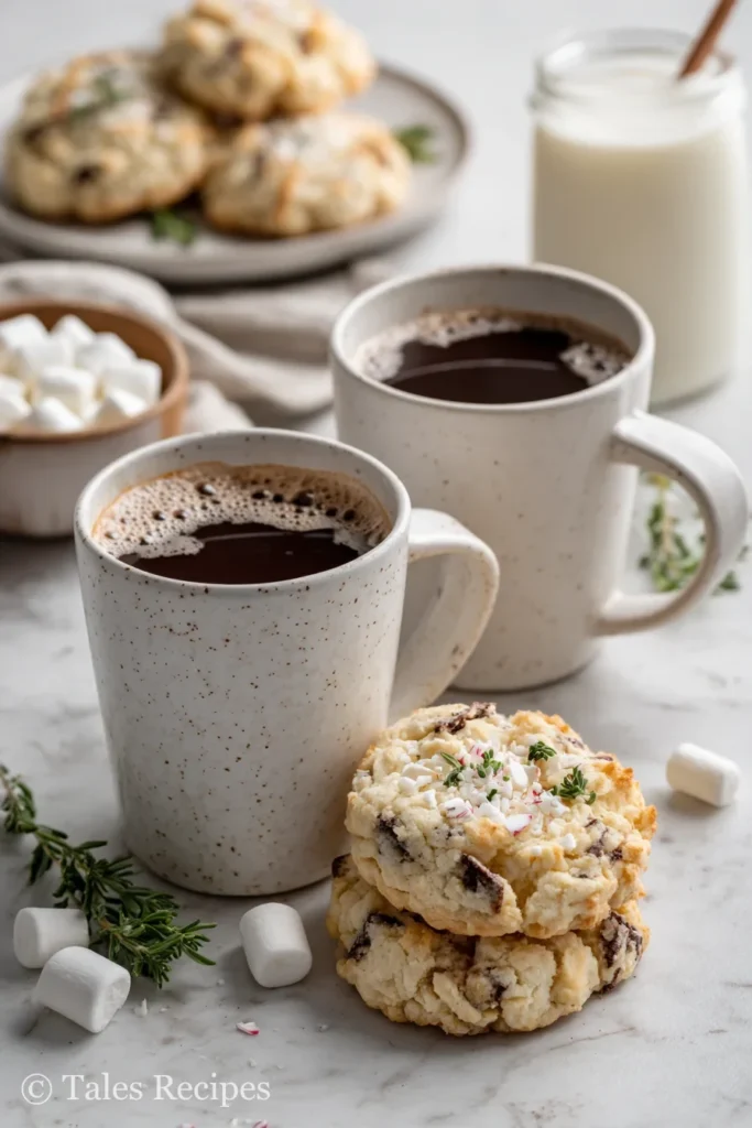 White chocolate peppermint cookies served with hot cocoa and milk on a marble counter.