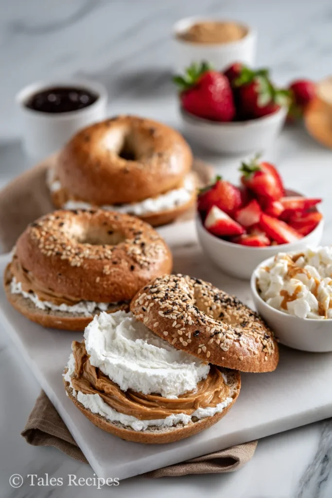 Whole wheat cottage cheese bagels with spreads and fresh fruit for breakfast