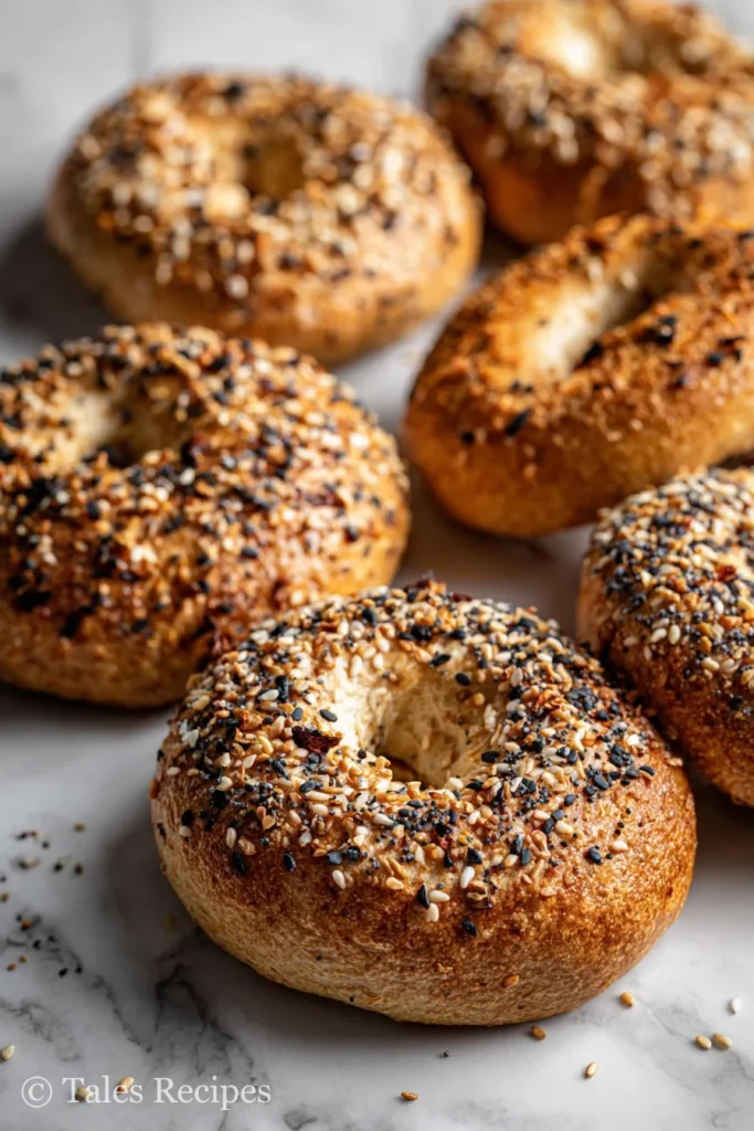 Unbaked whole wheat cottage cheese bagels with egg wash and toppings