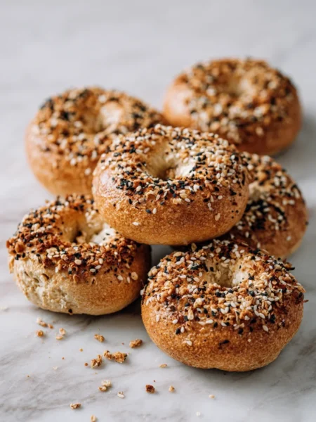 Whole wheat cottage cheese bagels golden and topped with seeds on white marble