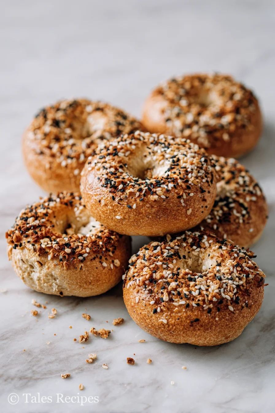 Whole wheat cottage cheese bagels golden and topped with seeds on white marble