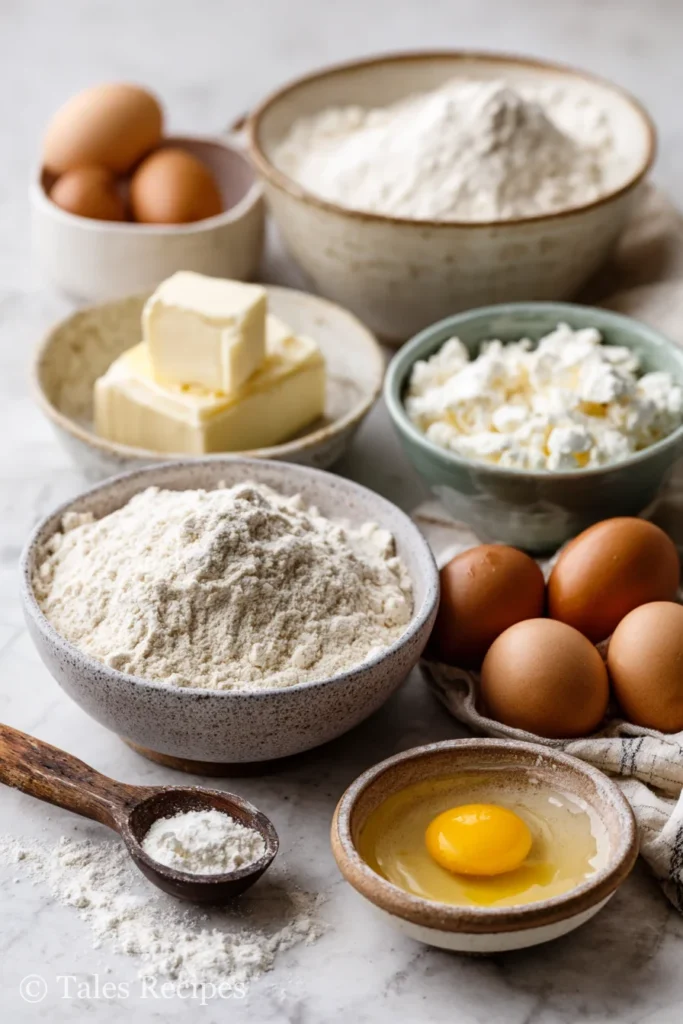 Ingredients for whole wheat cottage cheese bagels on white marble background
