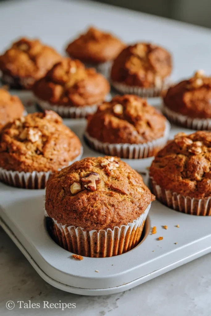 Tray of golden-topped zucchini banana muffins with chocolate chips on marble.