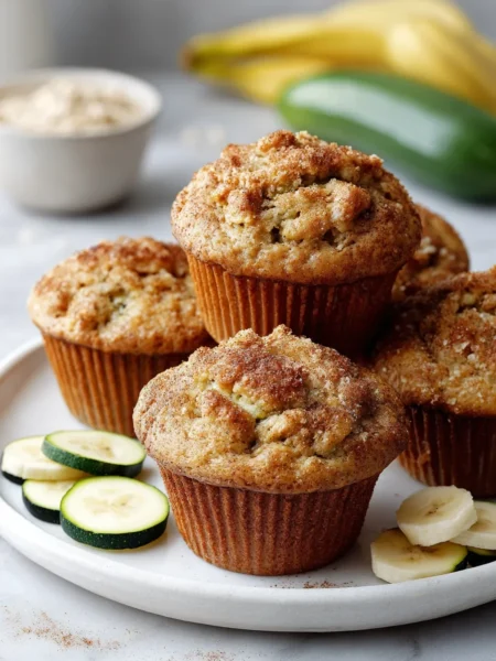 Freshly baked zucchini banana muffins with golden tops on marble background.