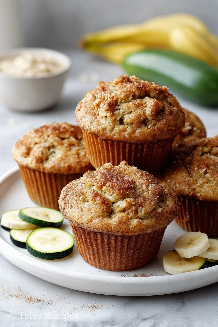 Freshly baked zucchini banana muffins with golden tops on marble background.