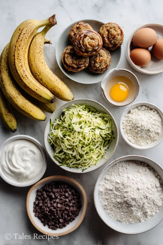 Ingredients for zucchini banana muffins including bananas and shredded zucchini on white marble.