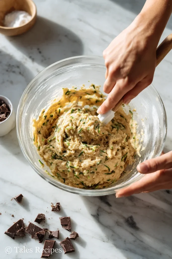 Mixing zucchini banana muffin batter with chocolate chips and zucchini shreds in bowl.