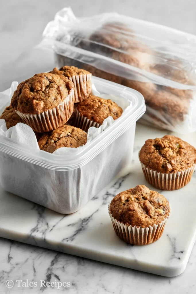 Zucchini banana muffins stored in container and freezer bag for optimal freshness.