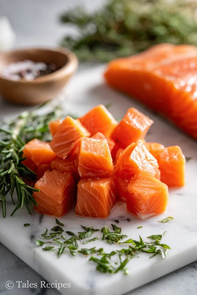 Cubing salmon fillets for balsamic rosemary salmon bites recipe prep