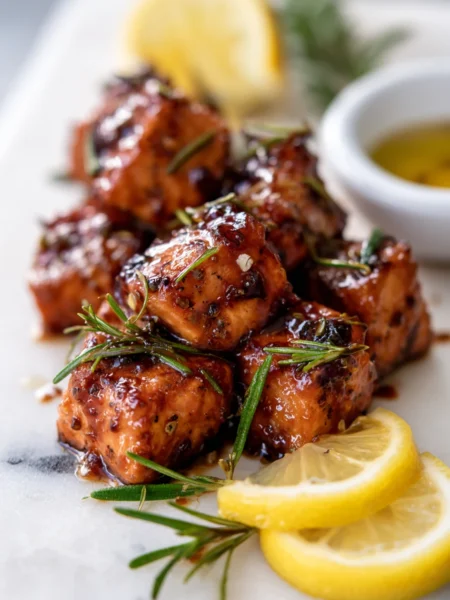 Platter of balsamic rosemary salmon bites finished with glaze and fresh rosemary