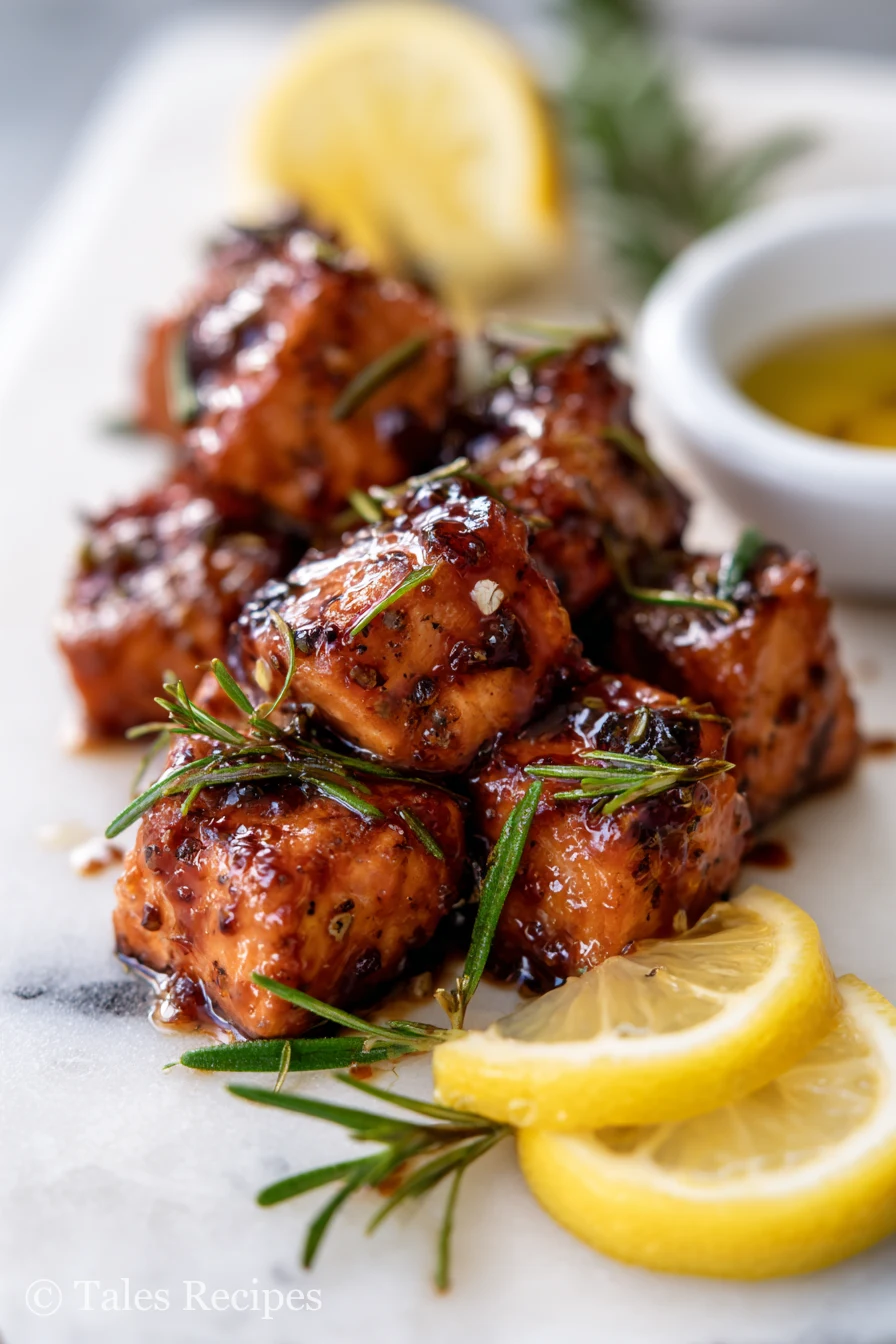 Platter of balsamic rosemary salmon bites finished with glaze and fresh rosemary