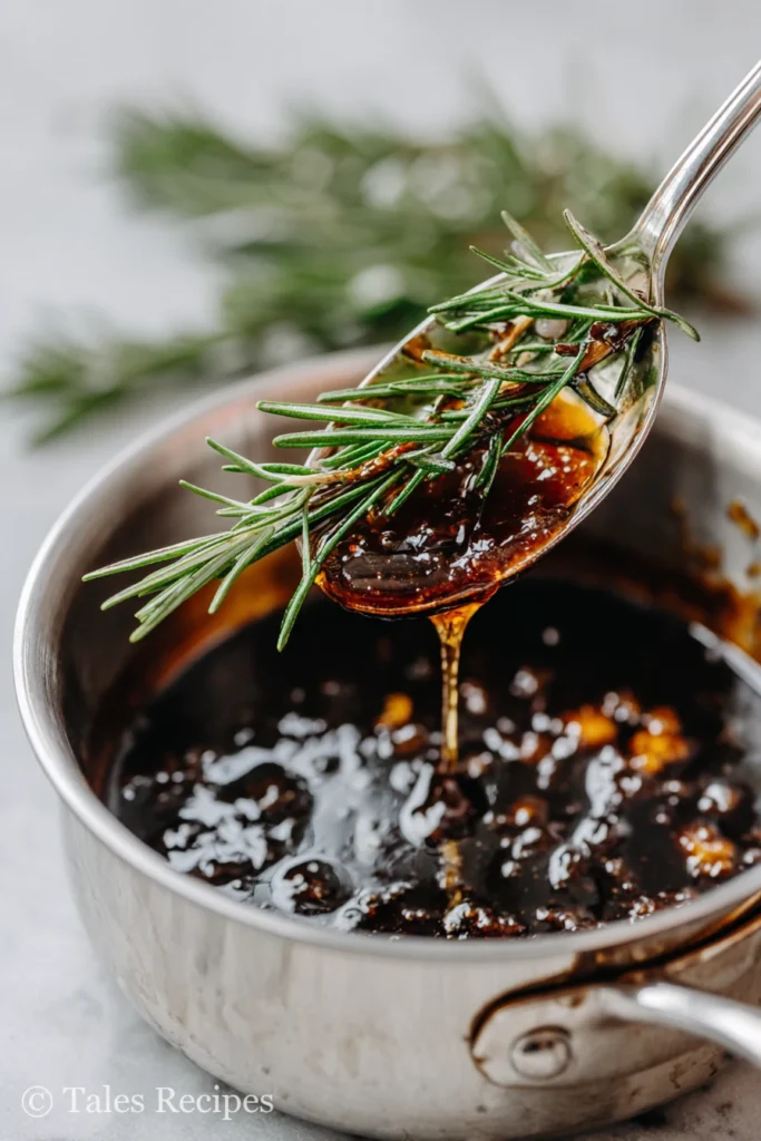 Balsamic rosemary glaze simmering with rosemary in saucepan for salmon bites