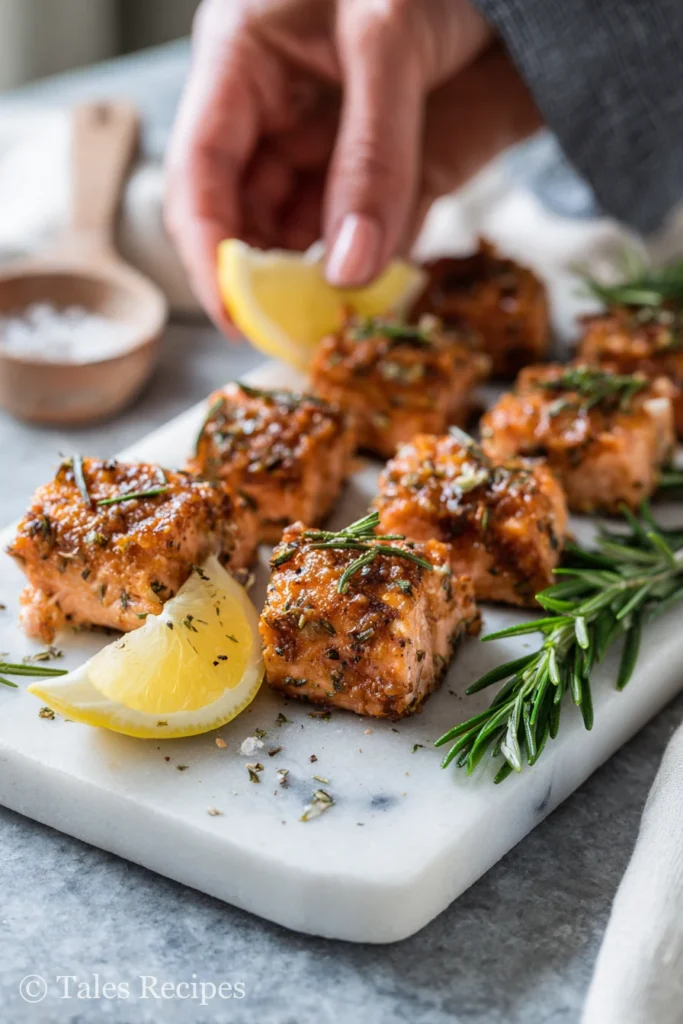 Balsamic rosemary salmon bites portioned for kids and adults on plate