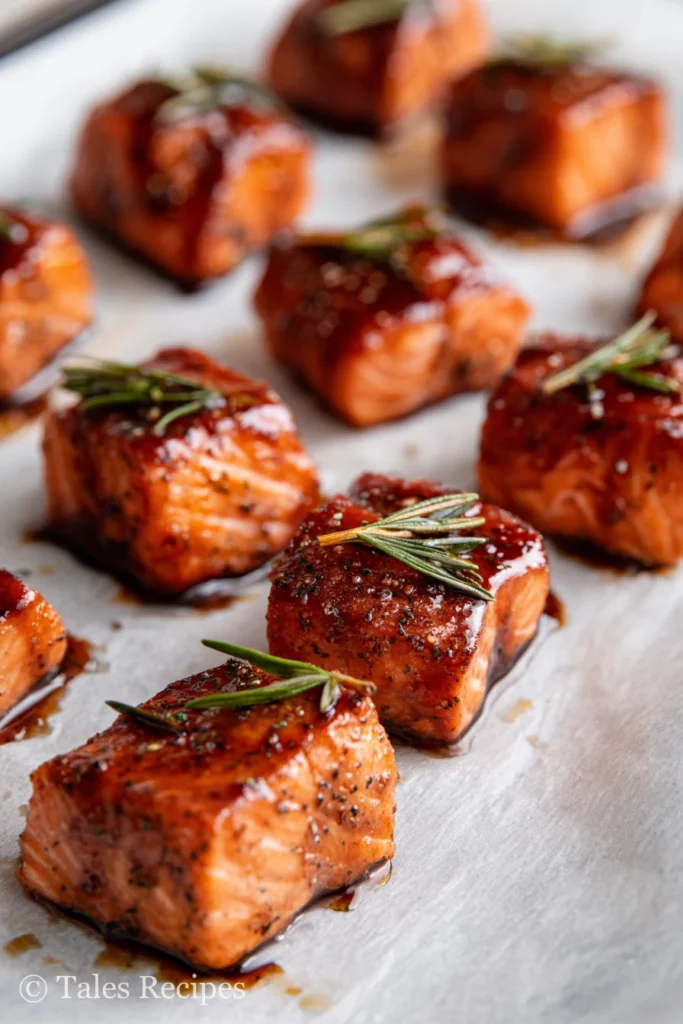 Balsamic rosemary salmon bites arranged on parchment for baking