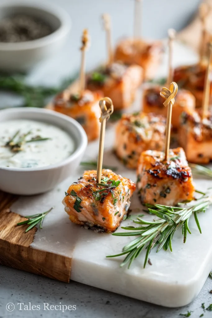Balsamic rosemary salmon bites on board with dip for appetizer presentation