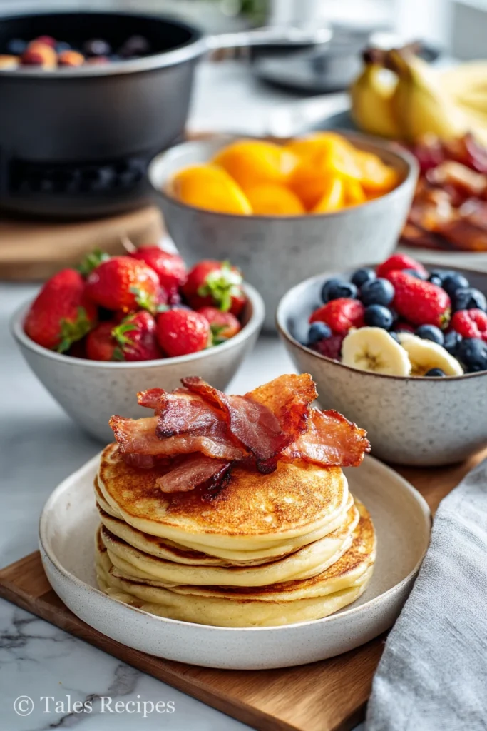 Family blackstone breakfast recipe with pancakes, bacon, eggs, and fruit sides