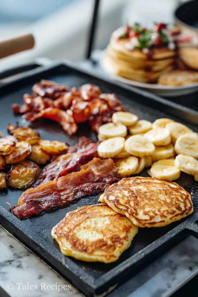 Classic blackstone breakfast recipe with bacon, pancakes, hash browns, and eggs cooking together
