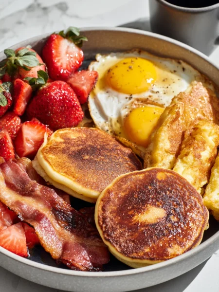 Abundant blackstone breakfast recipe spread with pancakes, bacon, eggs, and hash browns outdoors