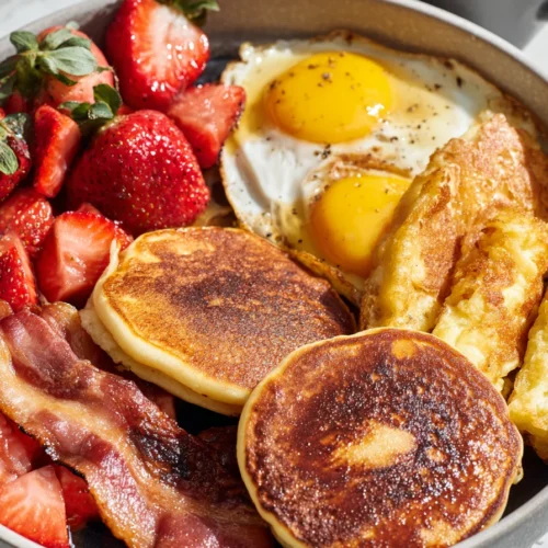 Abundant blackstone breakfast recipe spread with pancakes, bacon, eggs, and hash browns outdoors