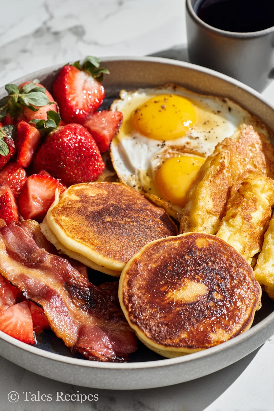Abundant blackstone breakfast recipe spread with pancakes, bacon, eggs, and hash browns outdoors