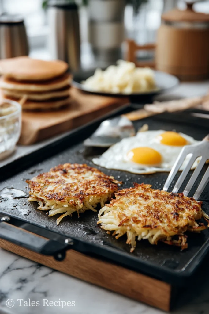 Blackstone breakfast recipe griddle with oil, spatula, hashbrowns, eggs, and pancakes ready