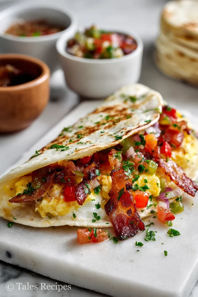 Blackstone breakfast recipe quesadilla with eggs, bacon, cheese, and veggies on the griddle
