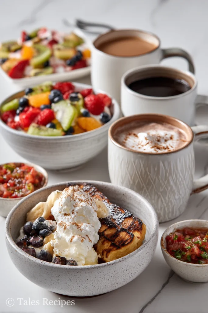 Blackstone breakfast recipe with fruit salad, yogurt parfait, salsa, and hot cocoa for family breakfast