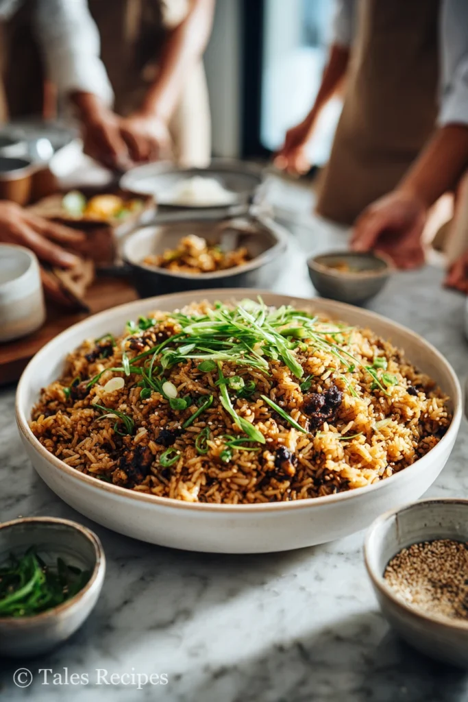 Family-style platter of blackstone fried rice recipe with toppings and serving bowls