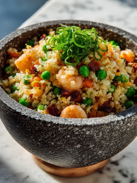 Featured close-up of blackstone fried rice recipe with vibrant vegetables on white marble