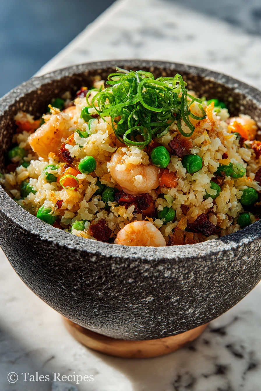Featured close-up of blackstone fried rice recipe with vibrant vegetables on white marble