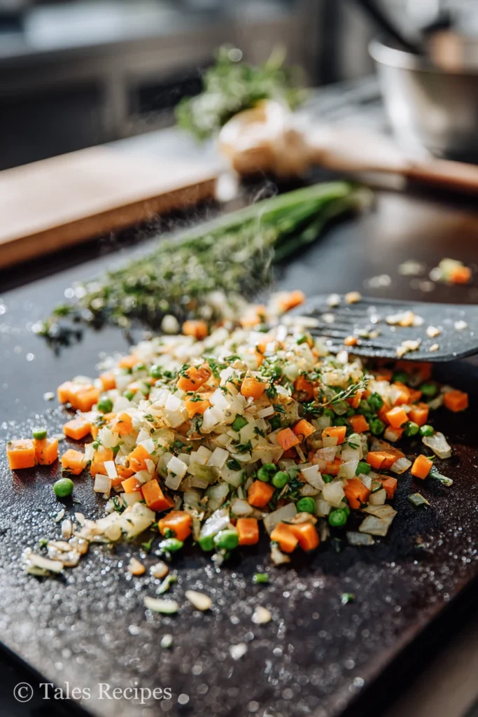 Veggies cooking on griddle for blackstone fried rice recipe with bright colors