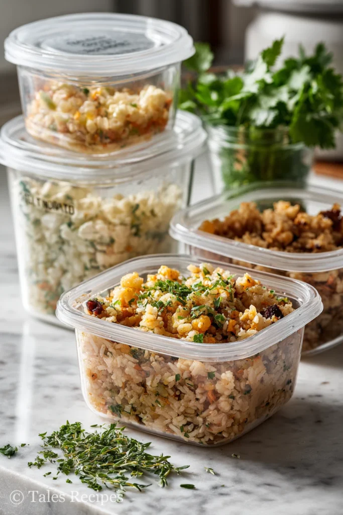 Leftover blackstone fried rice recipe packed in containers for storage and reheating